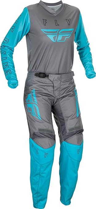 Conjunto de equipamiento de motocross Fly Racing F-16 para mujer gris y azul.